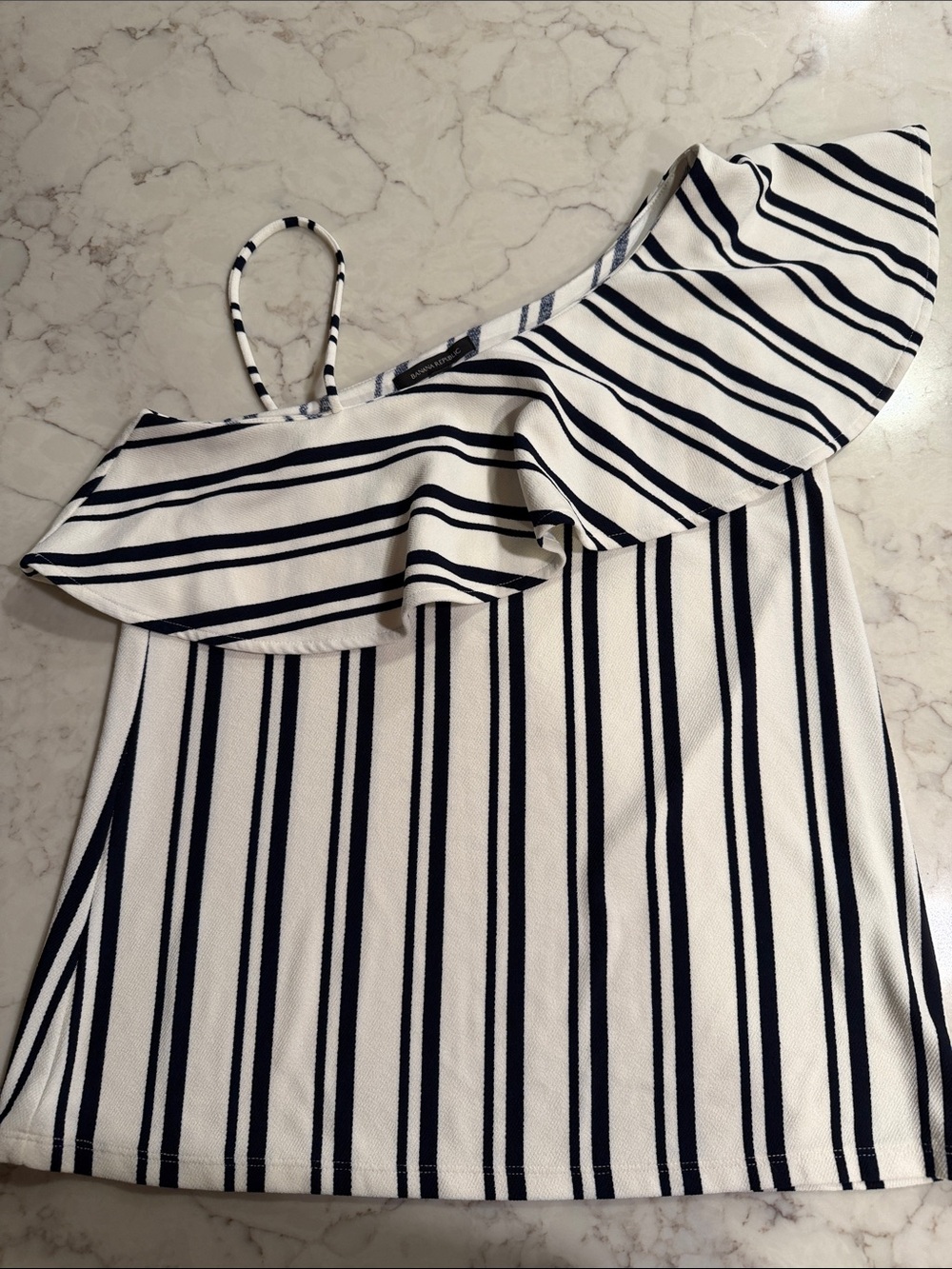 Banana Republic White & Navy One-Shoulder Ruffle Tank